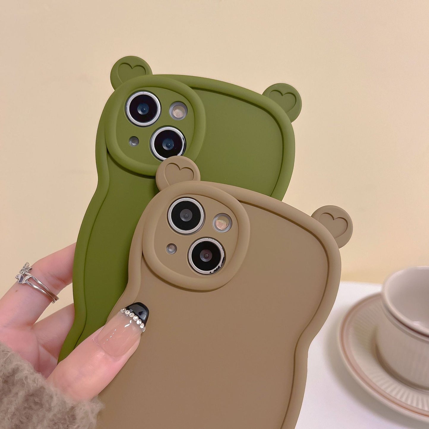 Wavy Frame Bear Love Heart Ears Compatible with iPhone Case