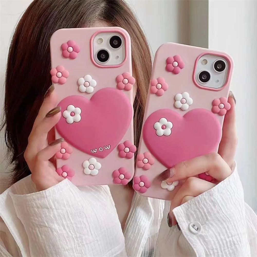 3D Cute Flower Floral Love Heart Compatible with iPhone Case